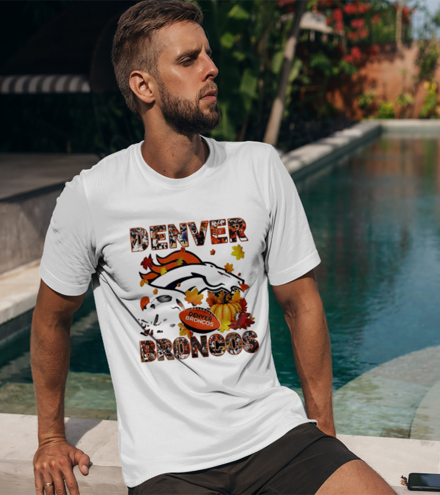 Denver Broncos Football Autumn Fall Leaves Pumpkin Halloween 2026 T-Shirt