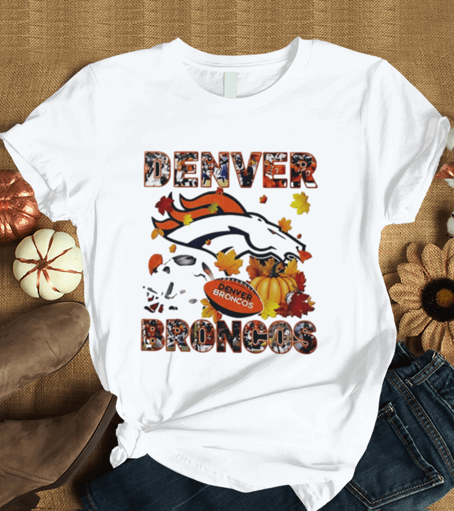 Denver Broncos Football Autumn Fall Leaves Pumpkin Halloween 2026 T-Shirt