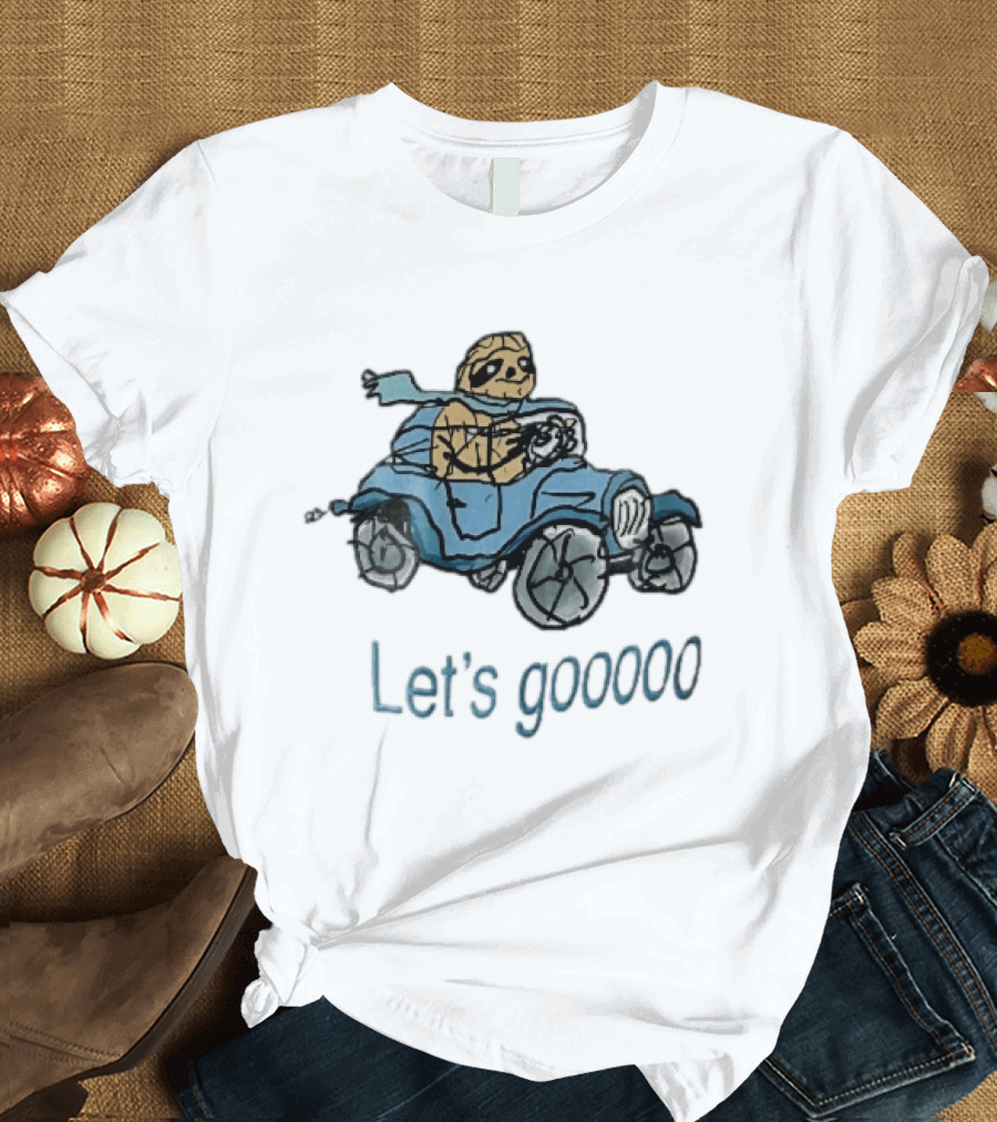 Let's Gooooo Cartoon Sloth Scarf Driving Blue Car Sketch T-Shirt
