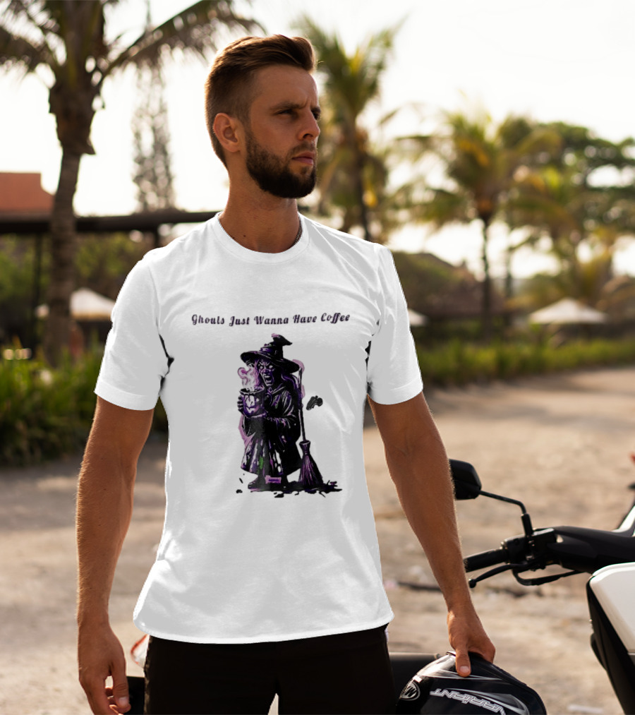 Ghouls Just Wanna Have Coffee Witch Holding Steaming Broomstick T-Shirt