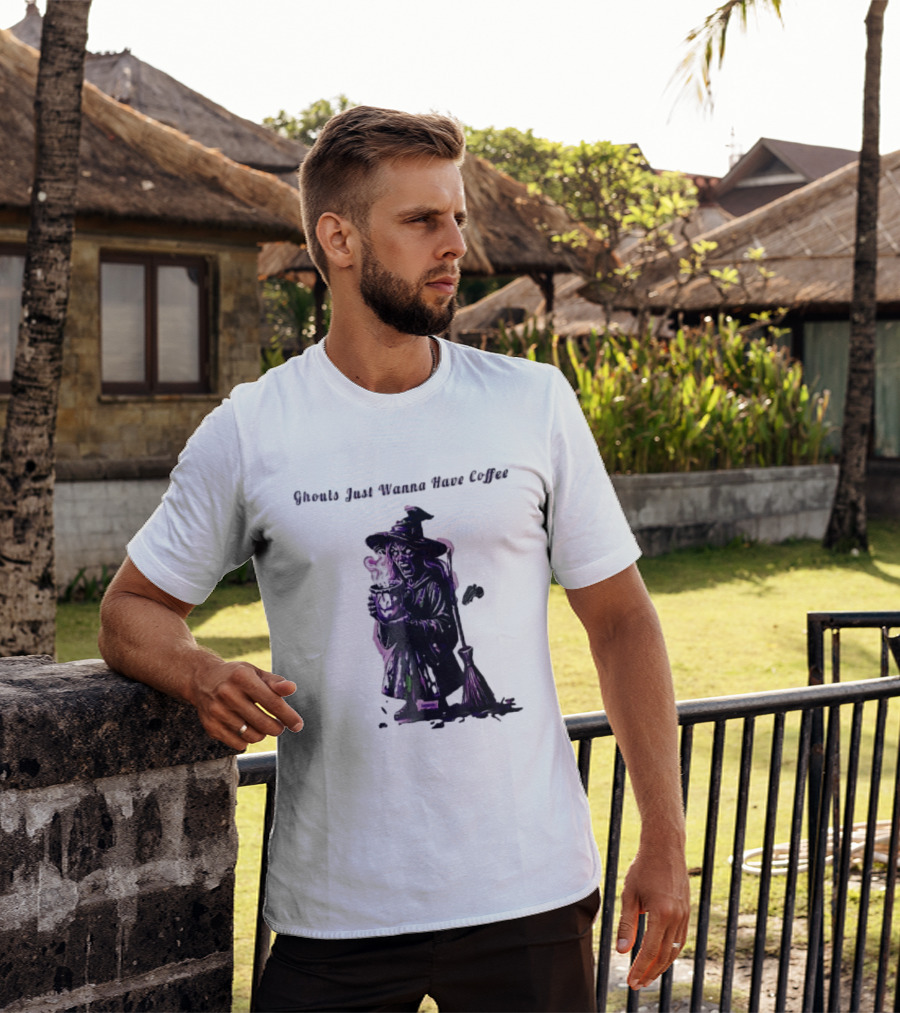 Ghouls Just Wanna Have Coffee Witch Holding Steaming Broomstick T-Shirt