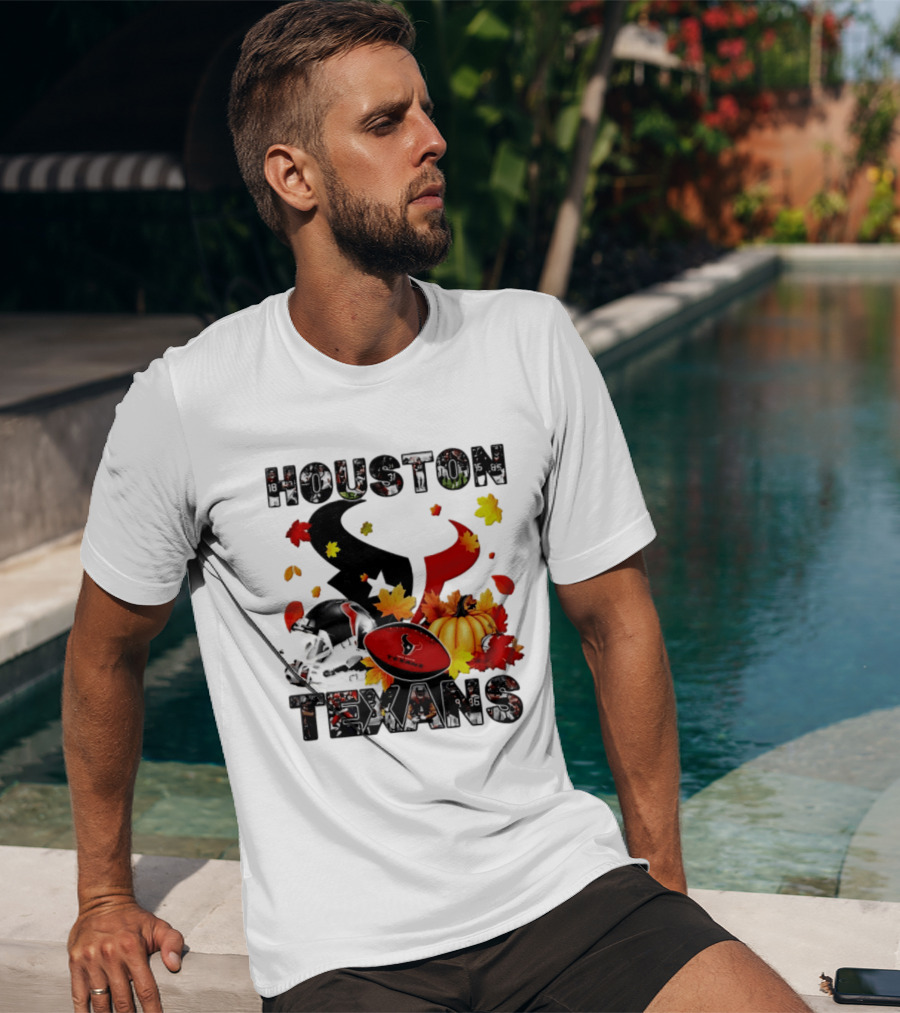 Houston Texans Football Autumn Fall Pumpkin Helmet Leaves 2026 Halloween T-Shirt