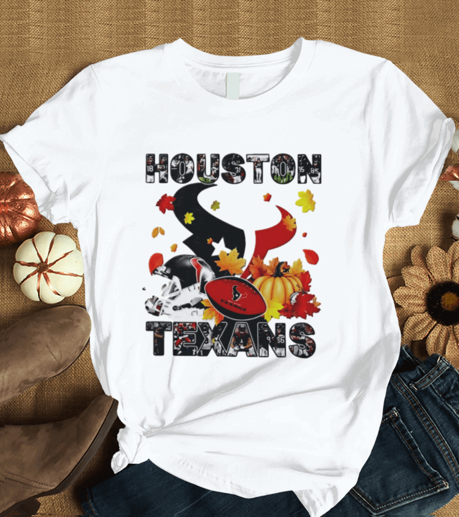 Houston Texans Football Autumn Fall Pumpkin Helmet Leaves 2026 Halloween T-Shirt