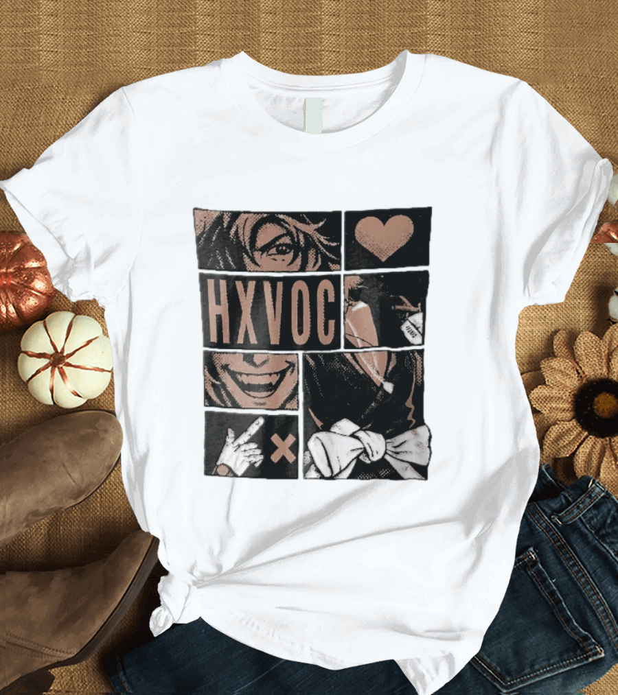 Hxvoc Halftone Manga Vampire Comic Panels Fangs Heart Bow T-Shirt