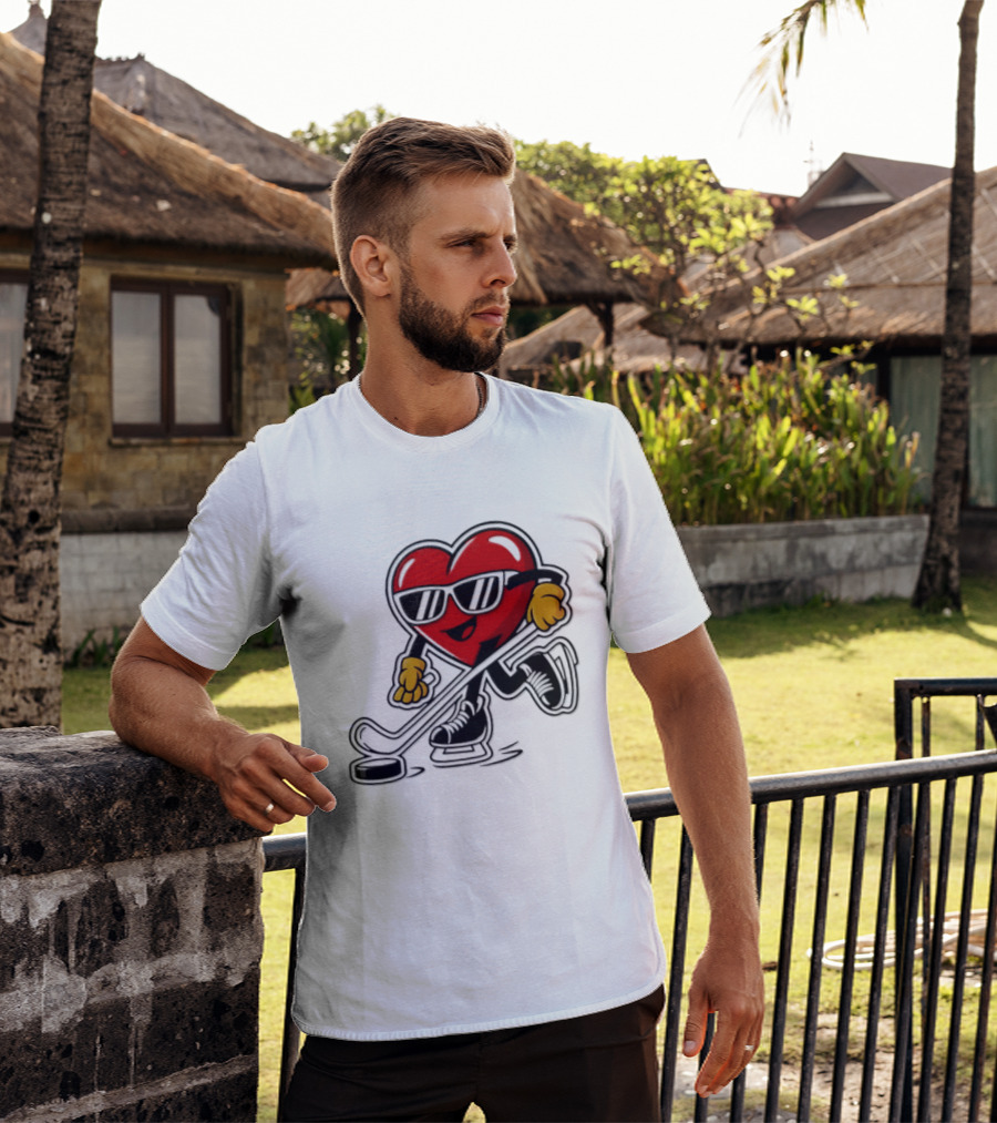 I Love Hockey Heart Character With Sunglasses And Stick T-Shirt