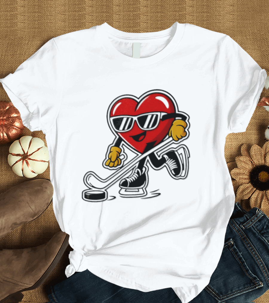 I Love Hockey Heart Character With Sunglasses And Stick T-Shirt
