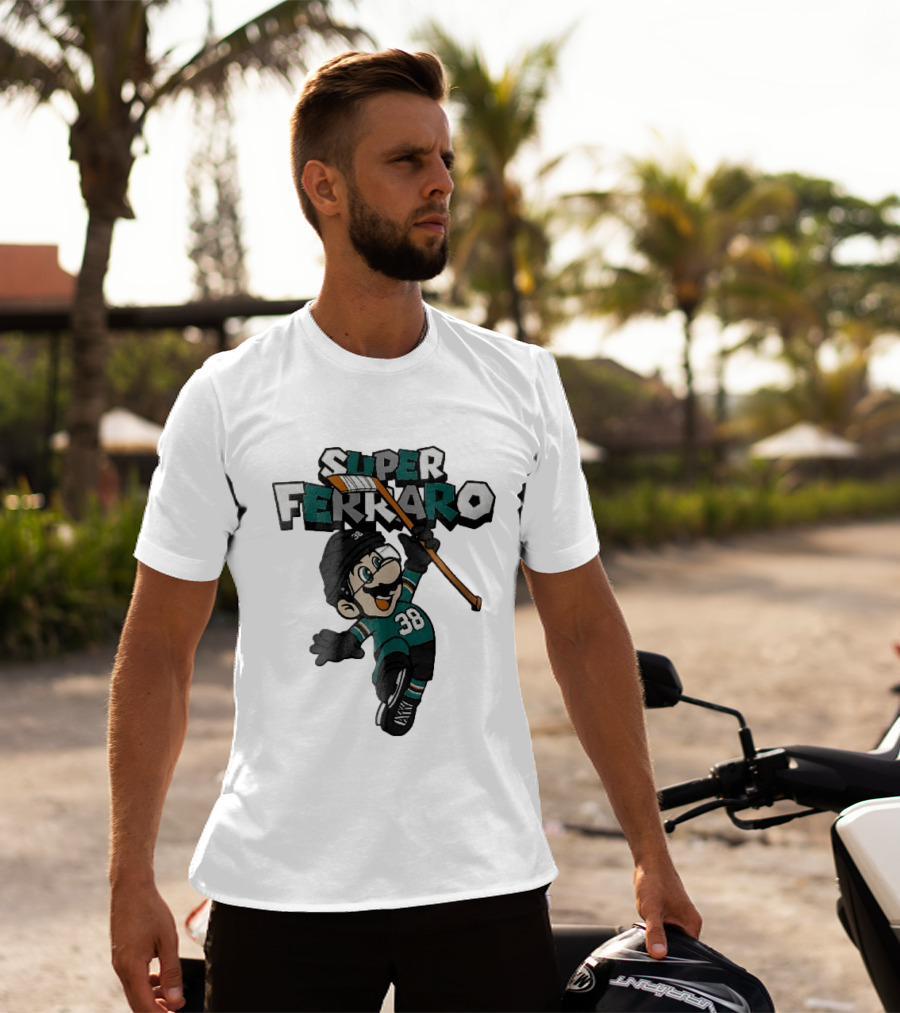 Super Ferraro Mario 38 Ice Hockey Player Jumping Stick Cartoon Caricature T-Shirt
