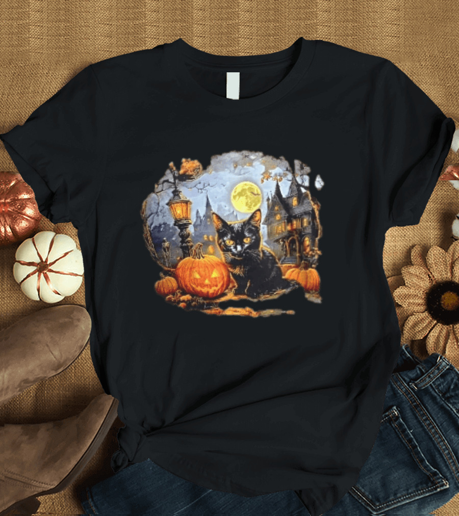 Black Cat Haunted House Pumpkin Full Moon Halloween Magic T-Shirt