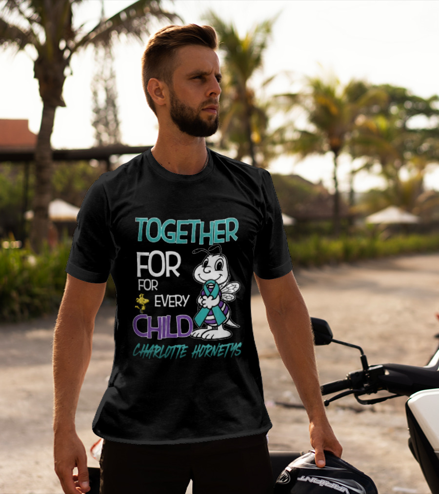 TOGETHER FOR EVERY CHILD Charlotte Hornets Cartoon Hornet Holding Ribbon Woodstock T-Shirt