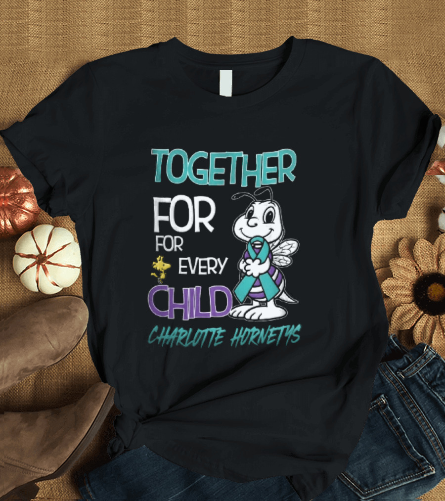 TOGETHER FOR EVERY CHILD Charlotte Hornets Cartoon Hornet Holding Ribbon Woodstock T-Shirt