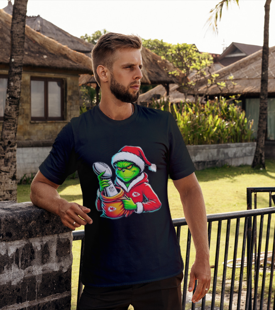 Kansas City Chiefs Grinch Christmas Holiday NFL Trophy Santa Hat T-Shirt