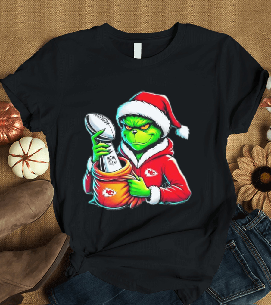 Kansas City Chiefs Grinch Christmas Holiday NFL Trophy Santa Hat T-Shirt