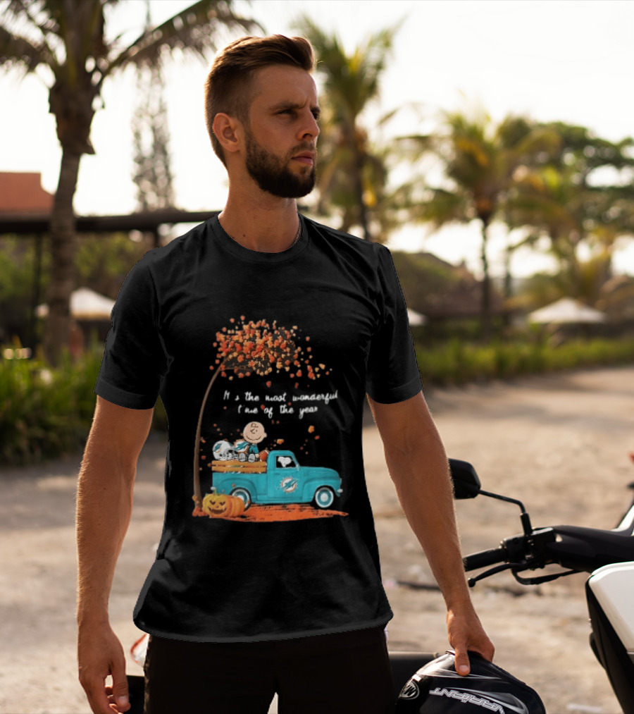 Miami Dolphins Charlie Brown Snoopy Pickup Truck Pumpkins Most Wonderful Time Of Year T-Shirt