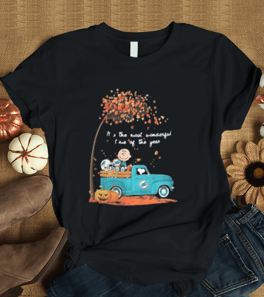Miami Dolphins Charlie Brown Snoopy Pickup Truck Pumpkins Most Wonderful Time Of Year T-Shirt