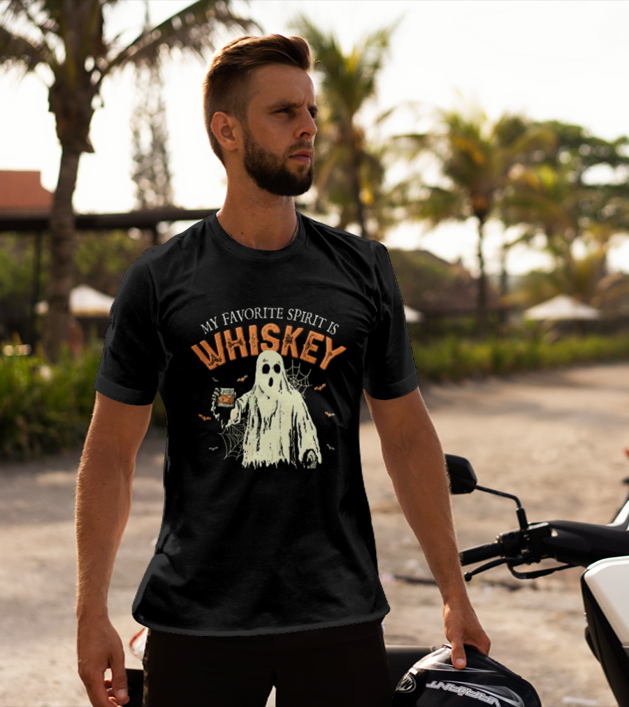 My Favorite Spirit Is Whiskey Ghost Holding Glass Bats Cobwebs Distressed T-Shirt