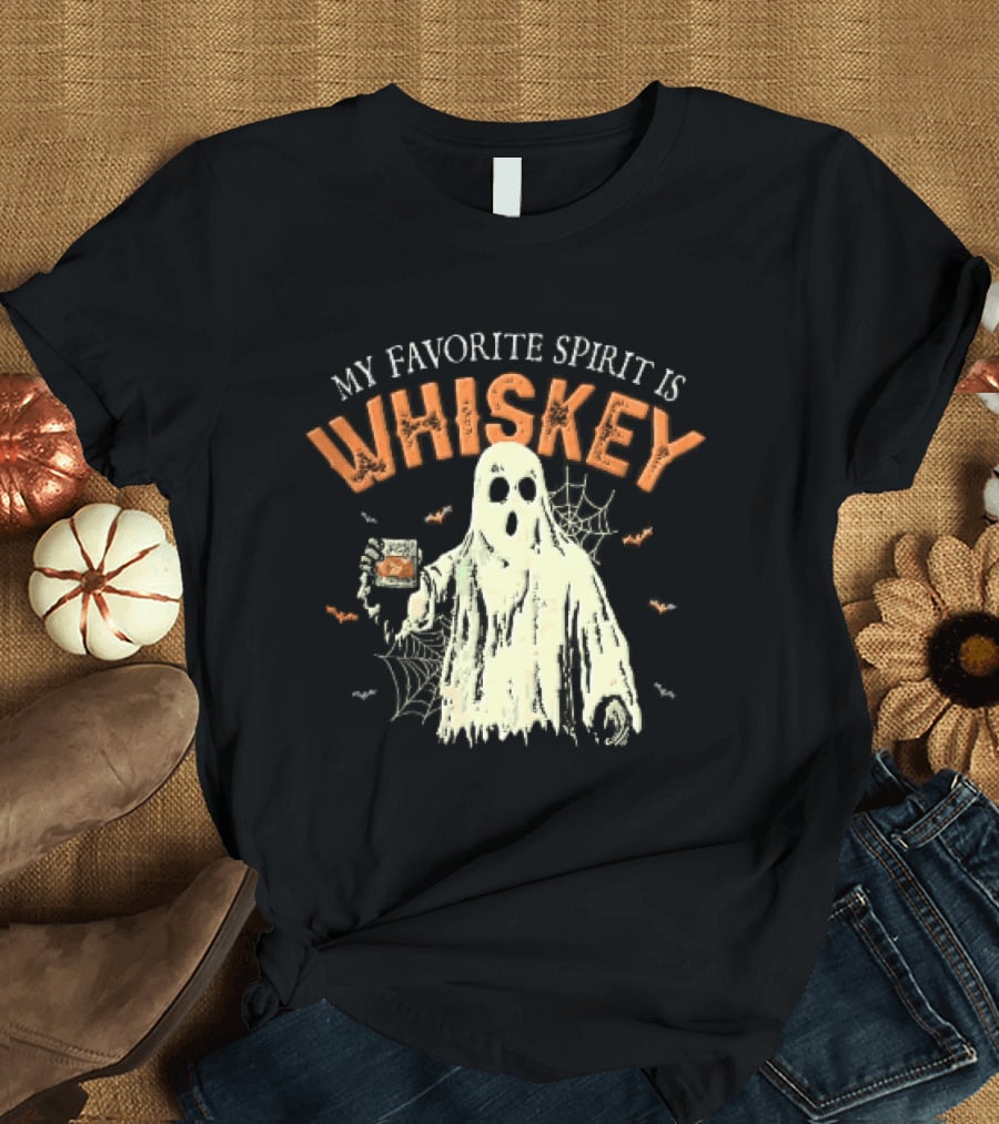My Favorite Spirit Is Whiskey Ghost Holding Glass Bats Cobwebs Distressed T-Shirt