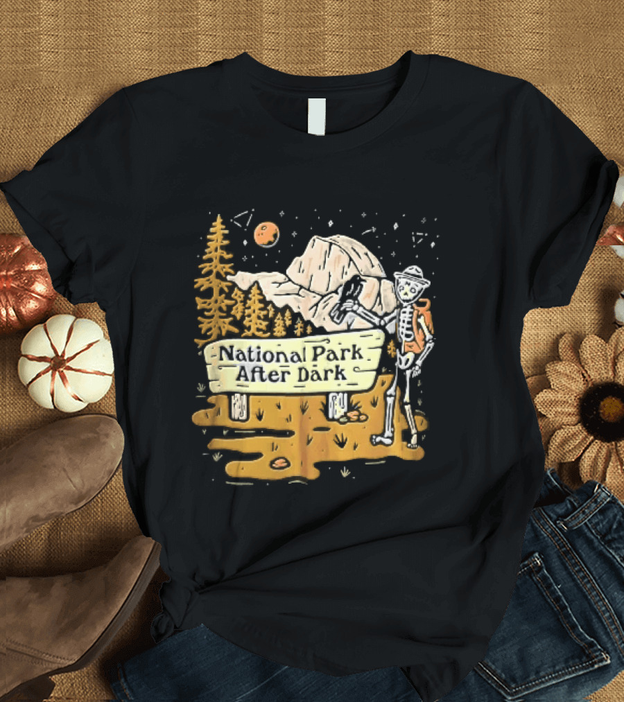 National Park After Dark Skeleton Ranger With Raven And Mountain Cartoons T-Shirt