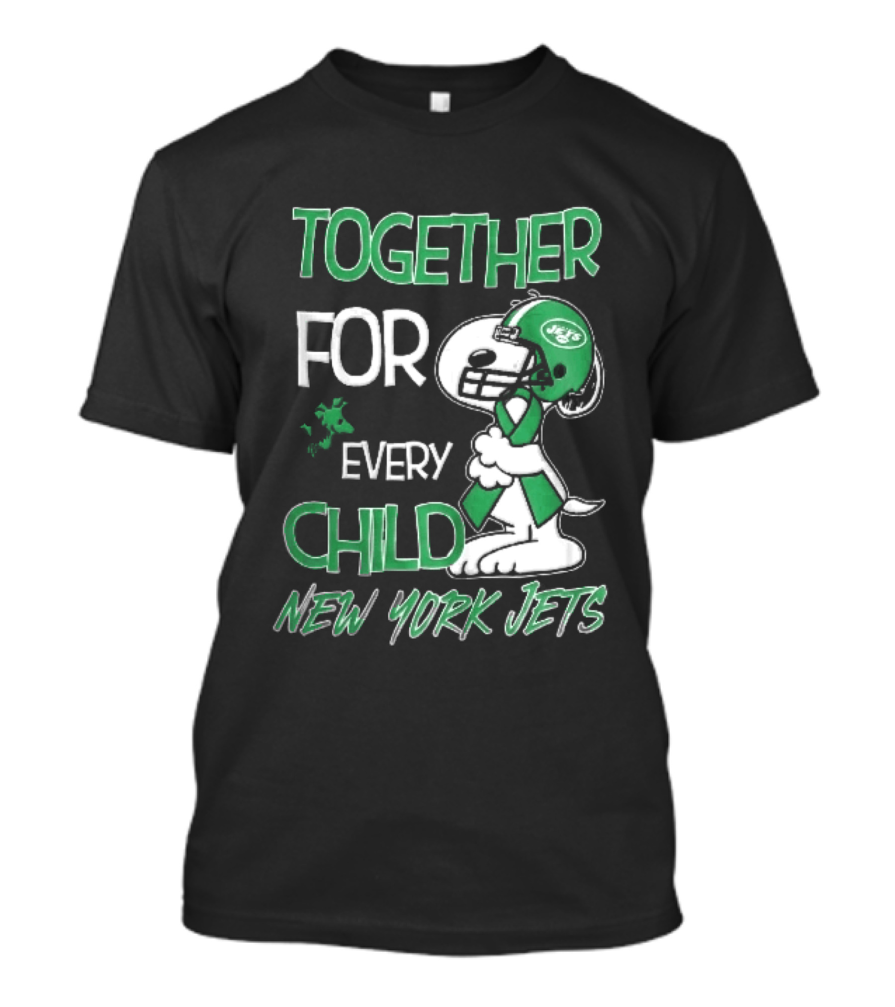 New York Jets Snoopy Woodstock Together For Every Child Football Helmet Green Ribbon T-Shirt