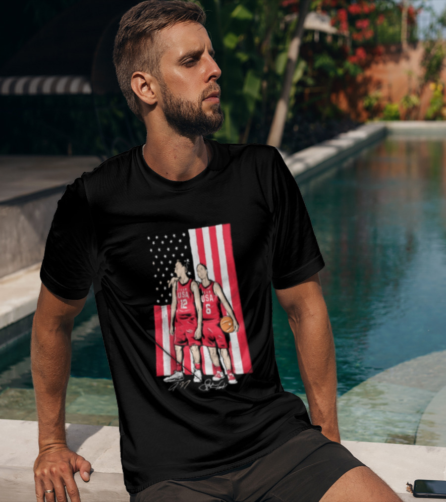 Sue Bird Diana Taurasi USA Basketball American Flag Signatures T-Shirt
