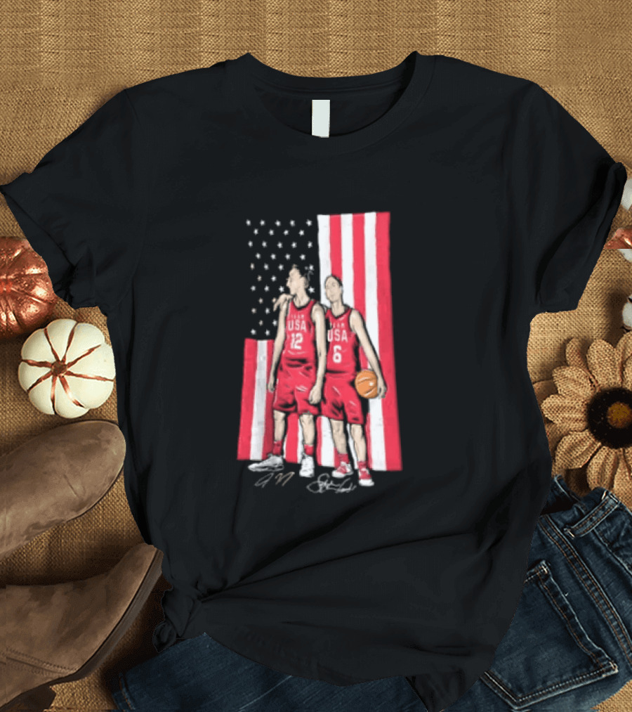 Sue Bird Diana Taurasi USA Basketball American Flag Signatures T-Shirt