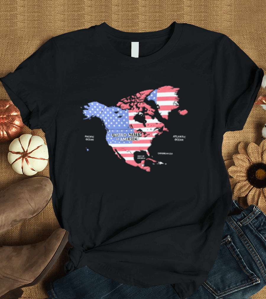 United States American Flag Map Of North America Featuring USA Canada Mexico Greenland T-Shirt