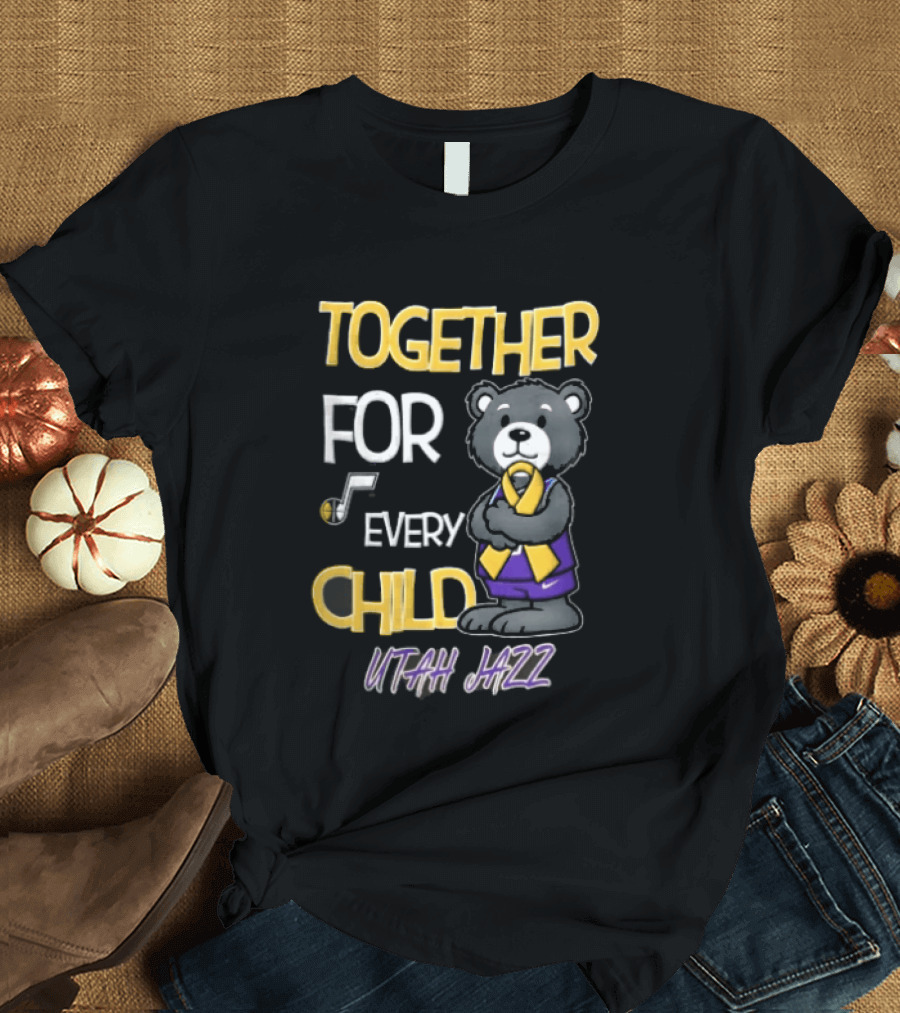 Utah Jazz Together For Every Child Cartoon Bear Gold Ribbon Purple Uniform T-Shirt