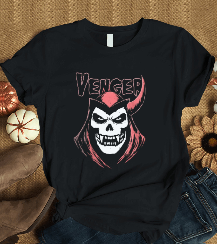 Venger Distressed Red Hooded Skull Face One Horned Demon T-Shirt