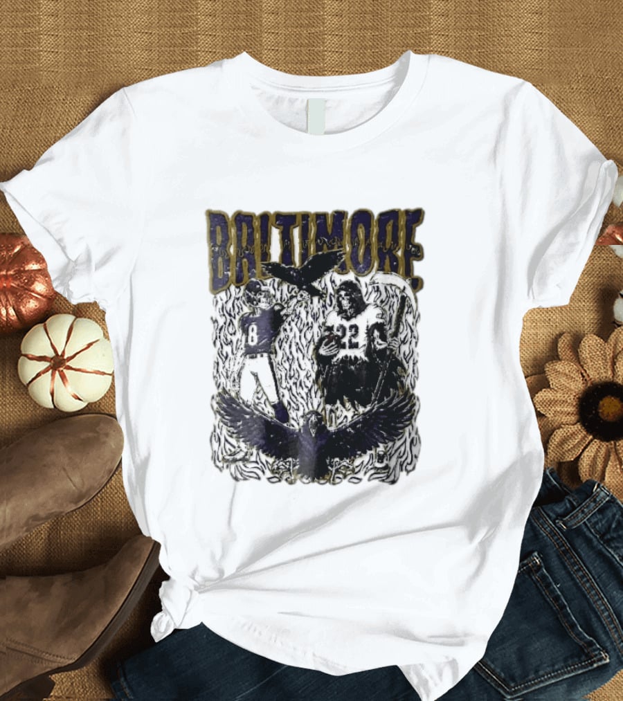 Baltimore Ravens Skeleton Grim Reaper Scythe Purple Flames Football Players Ravens T-Shirt