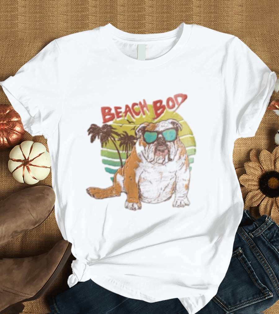 Beach Bod Bulldog With Sunglasses And Palm Trees T-Shirt