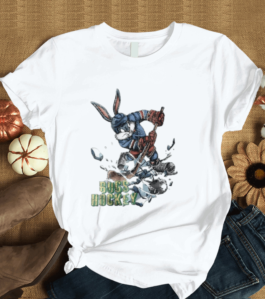Bugs Hockey Cartoon Bunny Cracking Ice Puck Shot Distressed T-Shirt