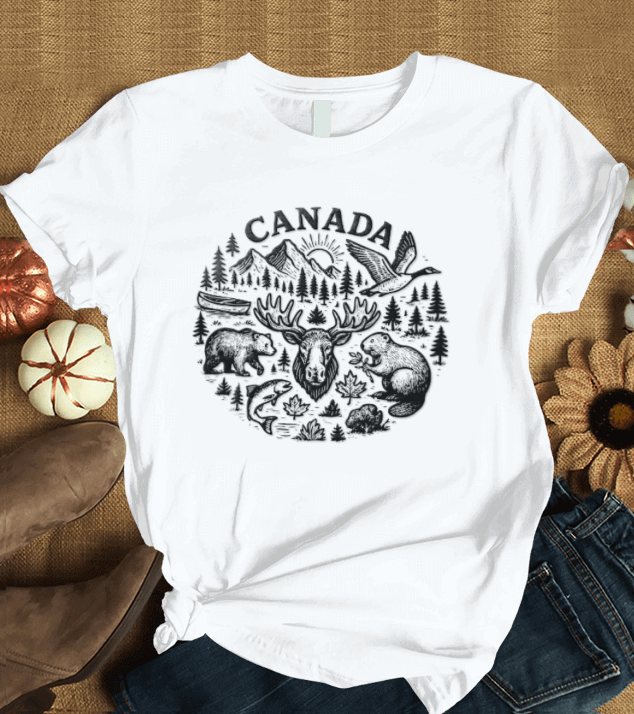 Canada Moose Bear Owl Squirrel Trees Mountains Sun Wildlife T-Shirt