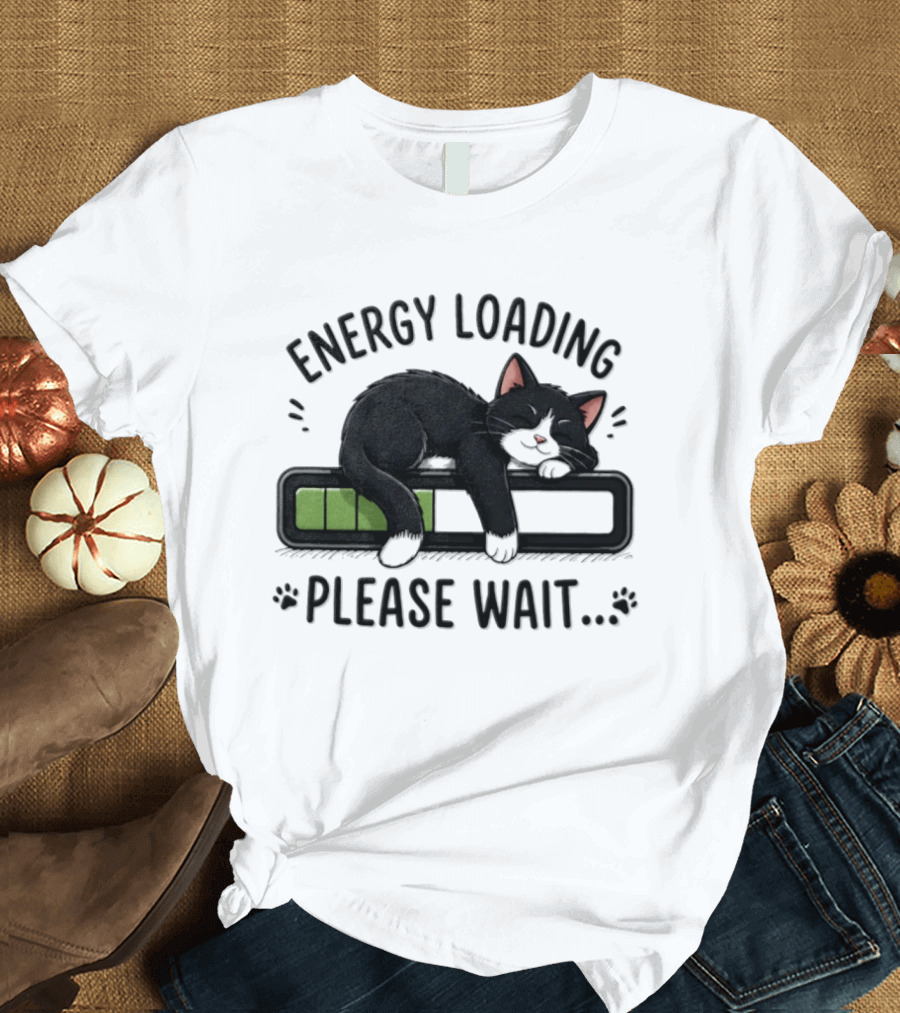 Cat Energy Loading Please Wait Sleeping Black Cat Battery Charge T-Shirt