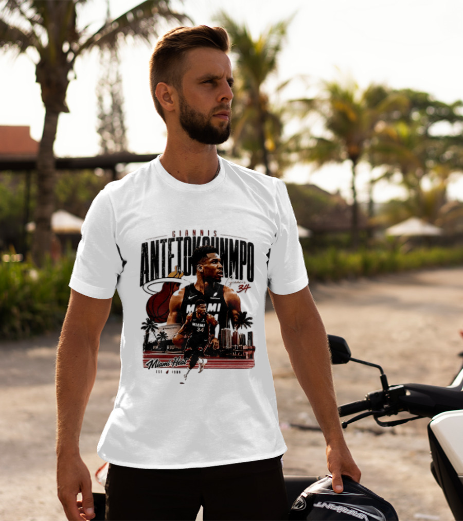Giannis Antetokounmpo Miami Heat NBA Player Est 1988 Kaseya Center Palms And Cityscape T-Shirt