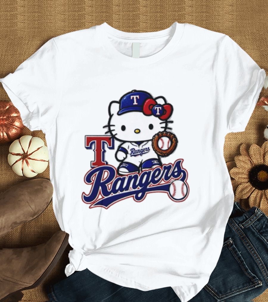 Hello Kitty Texas Rangers Baseball 2026 MLB Rangers Logo With Baseball Glove And Cap T-Shirt