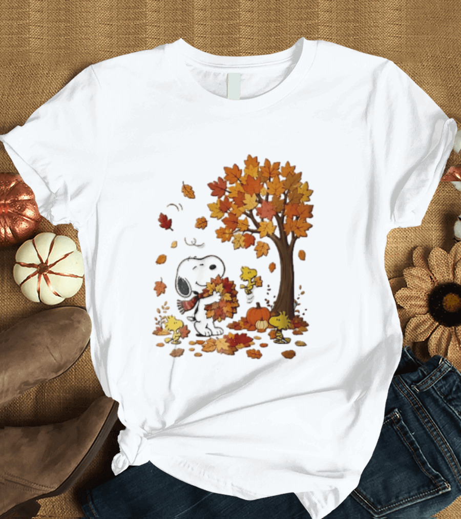 Snoopy Woodstock Autumn Leaves Pumpkin Fall Season Vibes T-Shirt