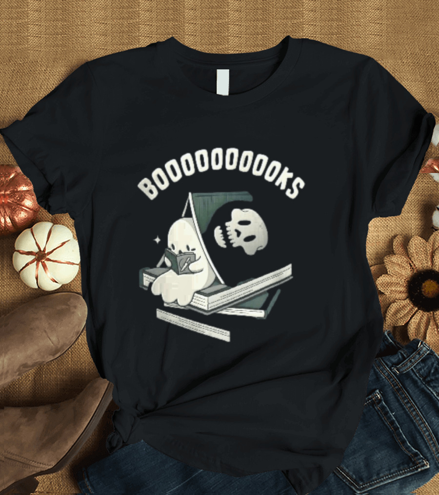 Boooooooooks Cartoon Ghost Reading Novel With Skeleton Specter T-Shirt