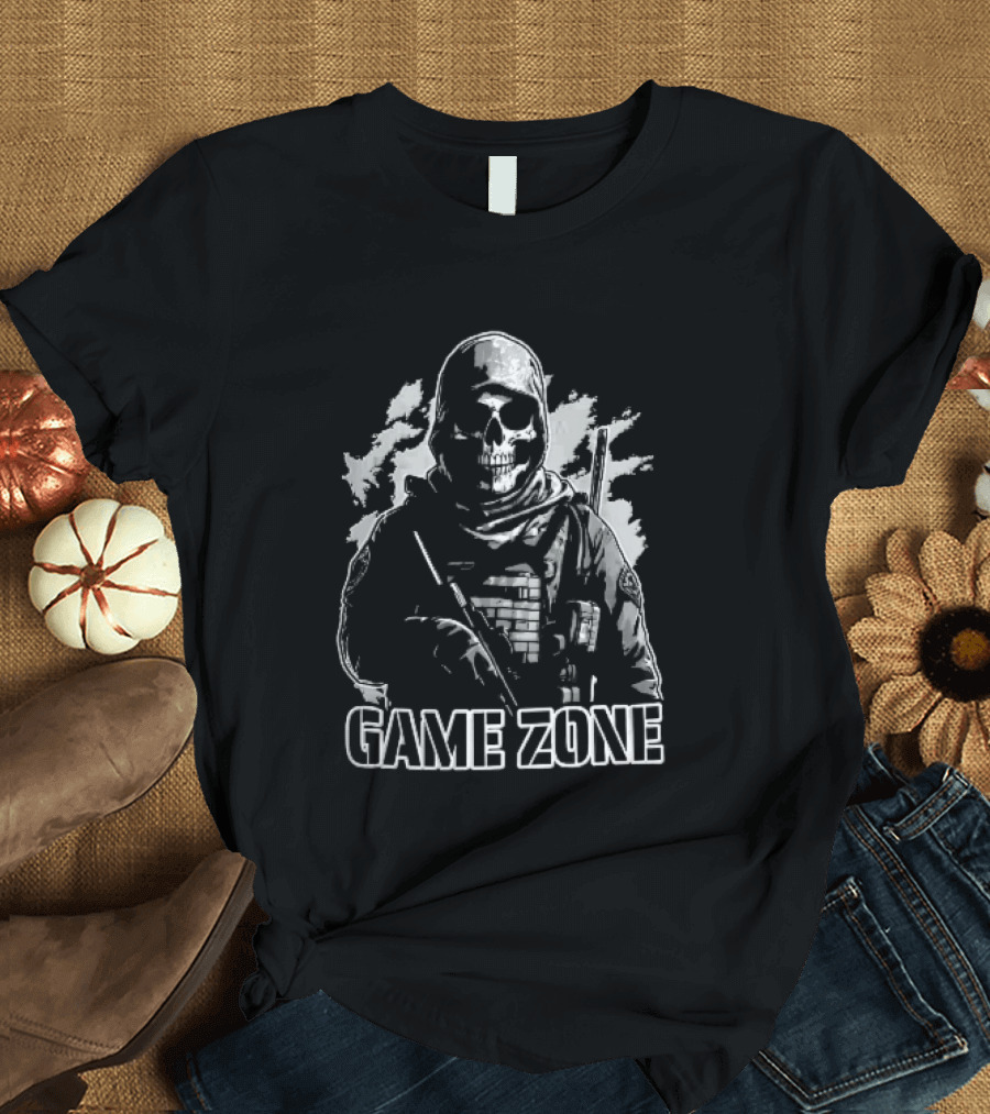 Game Zone Monochrome Skull Soldier Tactical Rifle Hooded T-Shirt