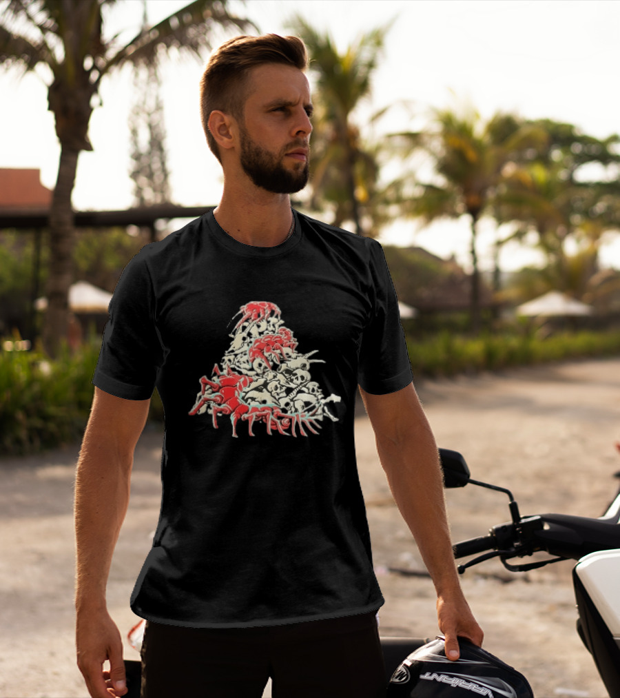 Giant Red Centipede Cyan Crawling Pile Of Skulls T-Shirt
