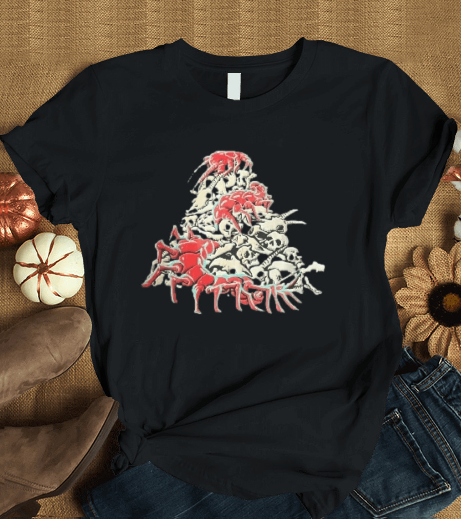 Giant Red Centipede Cyan Crawling Pile Of Skulls T-Shirt