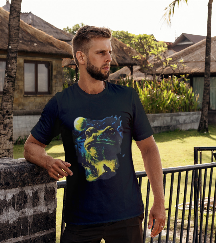 Giant Toad Glowing Moon Howling Waterfall Forest Mystic Scene T-Shirt