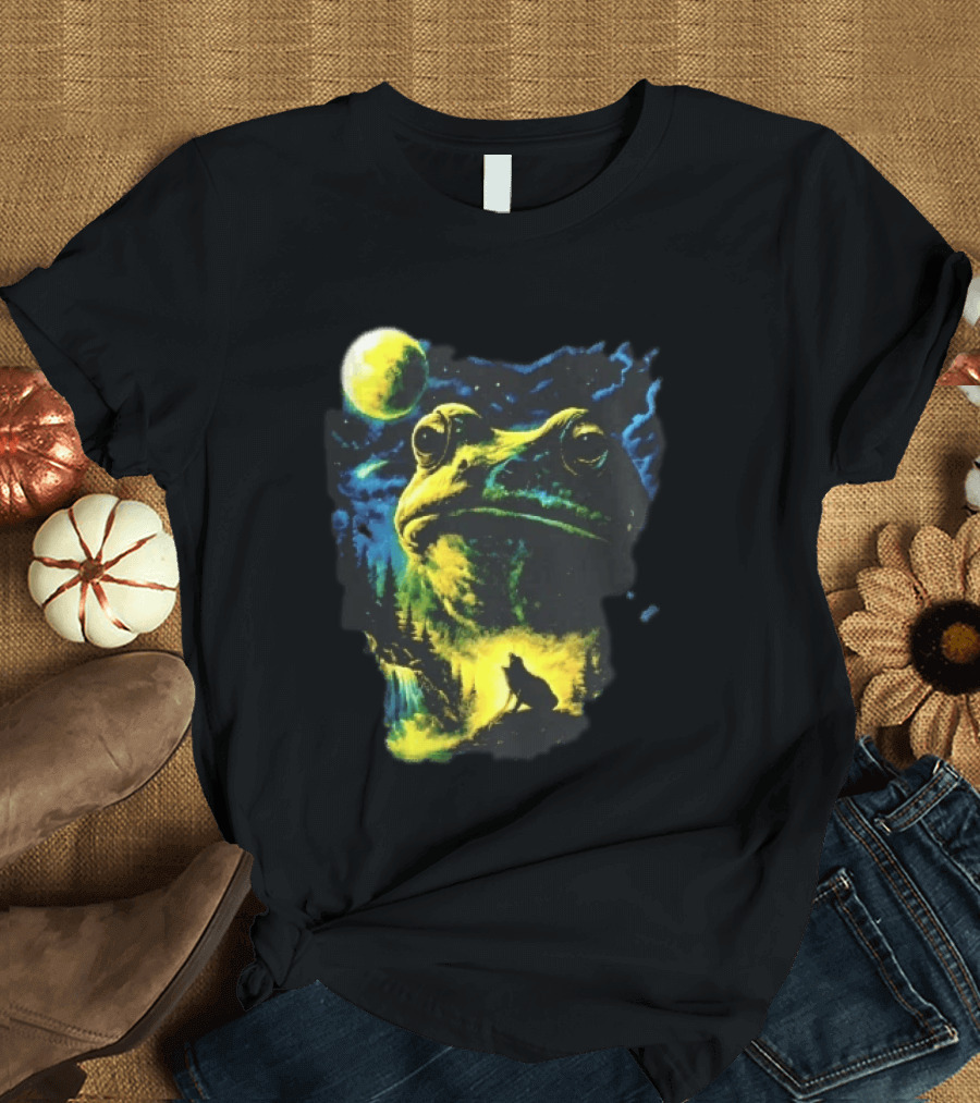Giant Toad Glowing Moon Howling Waterfall Forest Mystic Scene T-Shirt