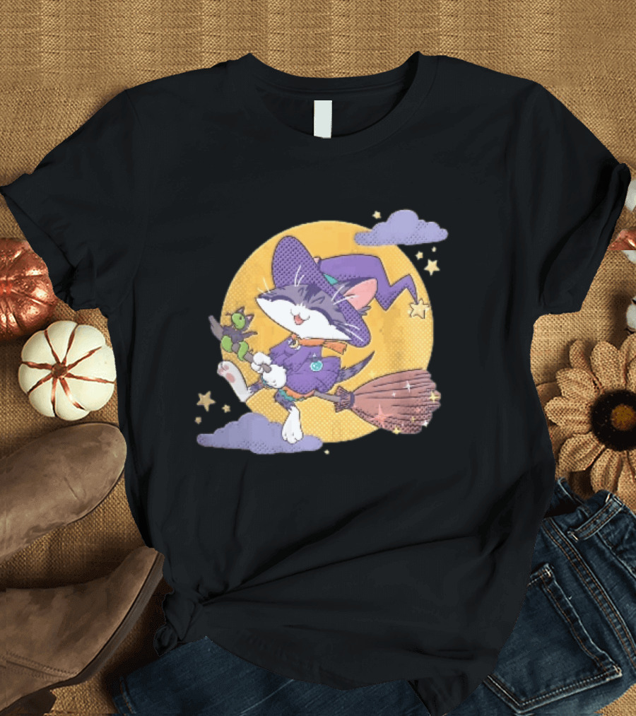 Halftone Cartoon Cat Witch Flying On Broomstick With Moon And Stars T-Shirt