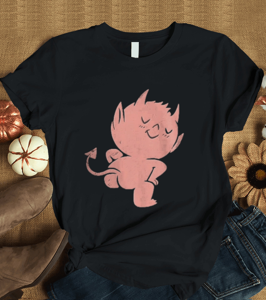Mischievous Little Red Devil Cartoon Mooning With Distressed Texture T-Shirt