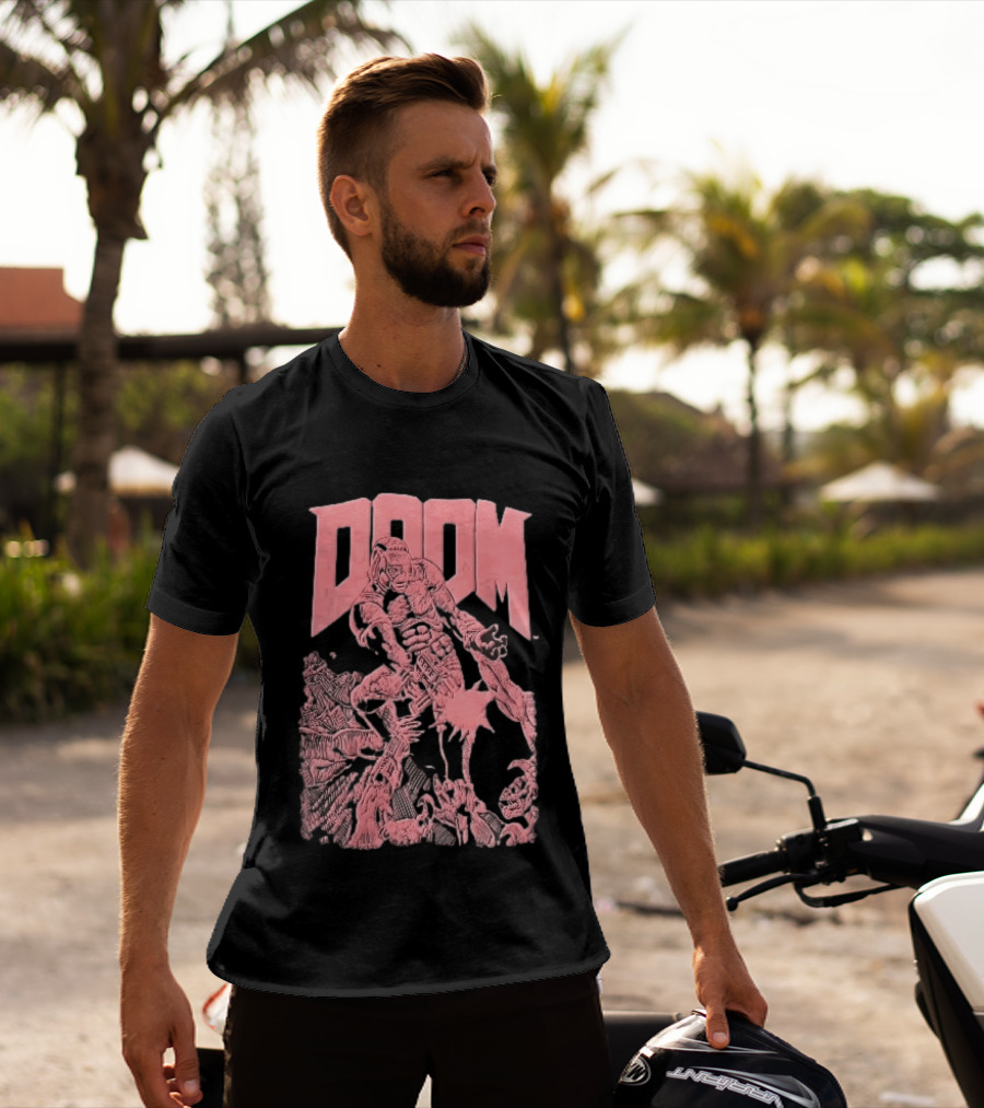 Doom Space Marine Battling Hell Demons Pink Sketch T-Shirt