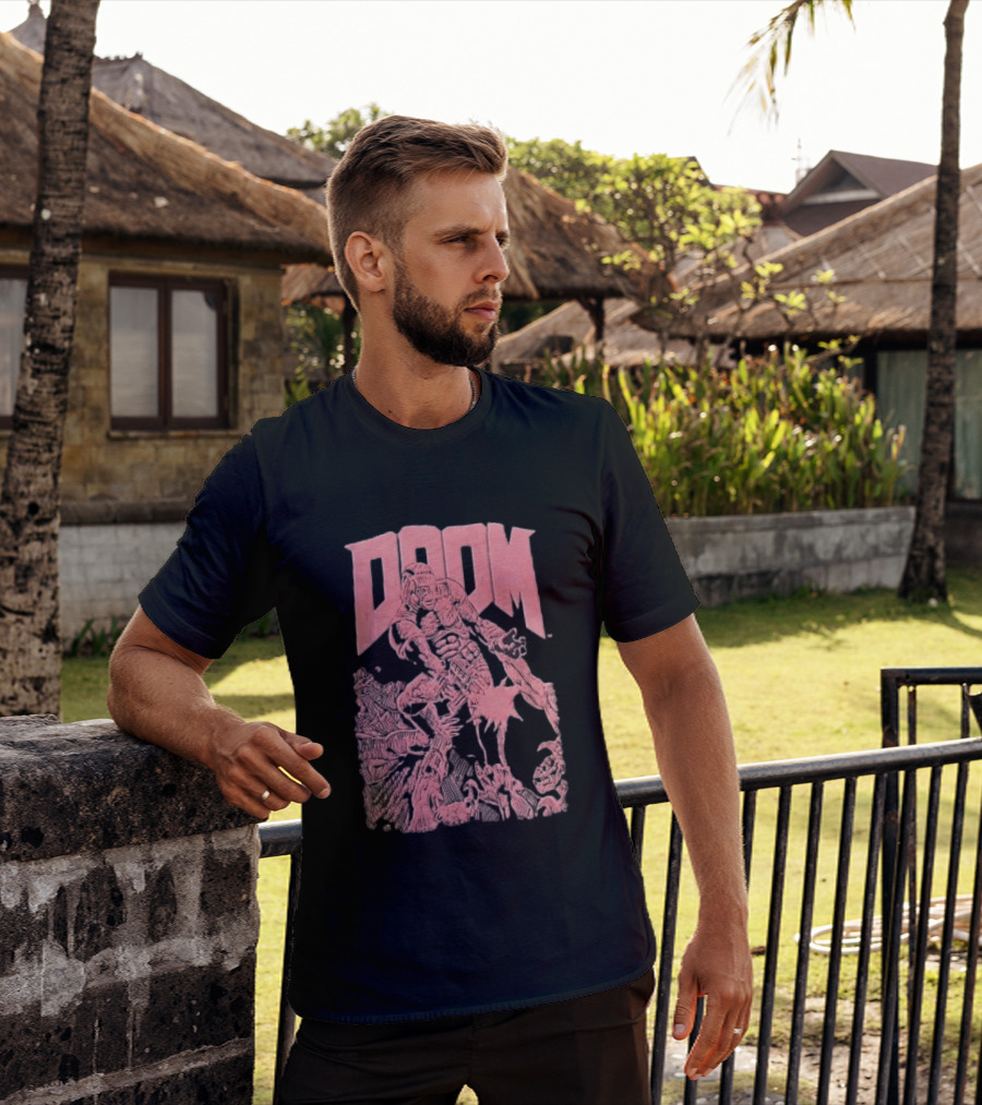 Doom Space Marine Battling Hell Demons Pink Sketch T-Shirt
