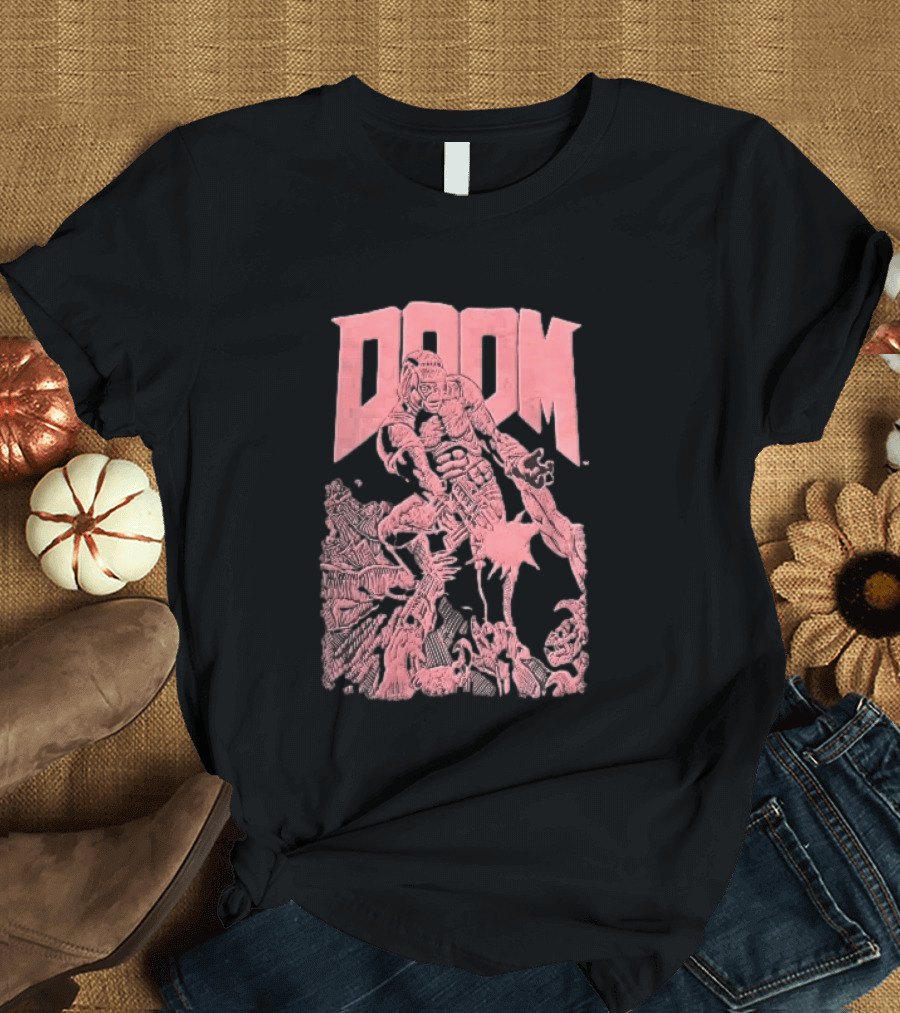 Doom Space Marine Battling Hell Demons Pink Sketch T-Shirt