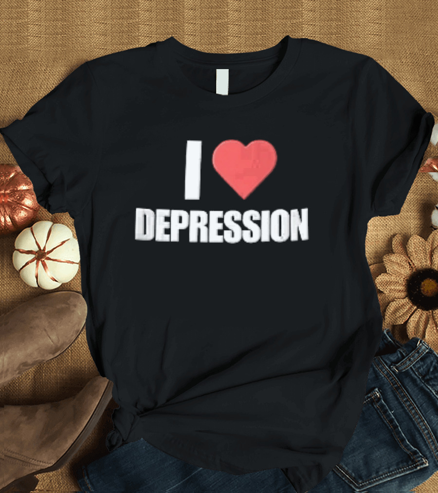 I Heart Depression White Text Red Heart Shape T-Shirt