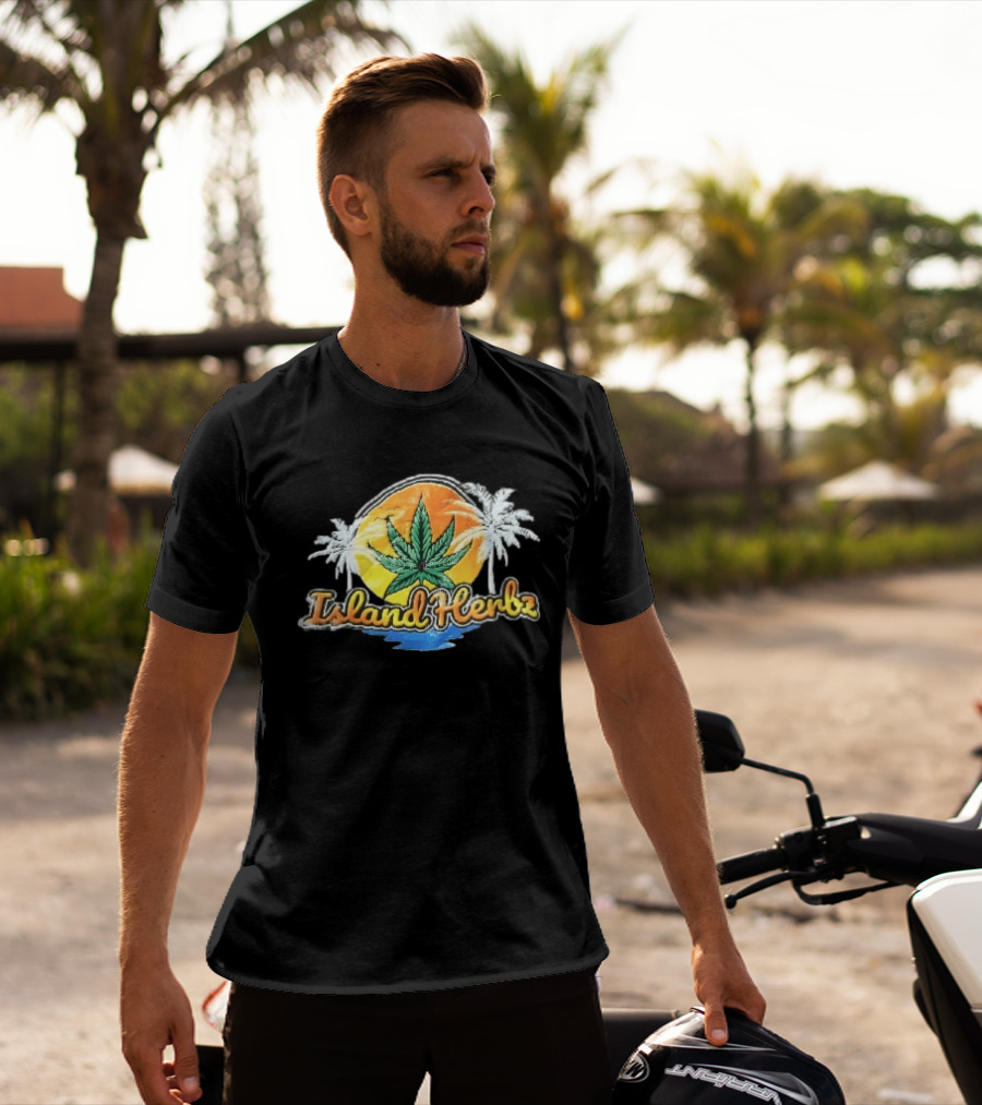 Island Herbz Cannabis Leaf Orange Sunset White Palm Trees T-Shirt