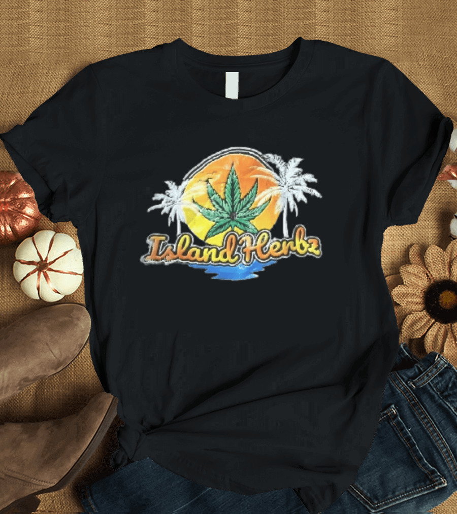 Island Herbz Cannabis Leaf Orange Sunset White Palm Trees T-Shirt