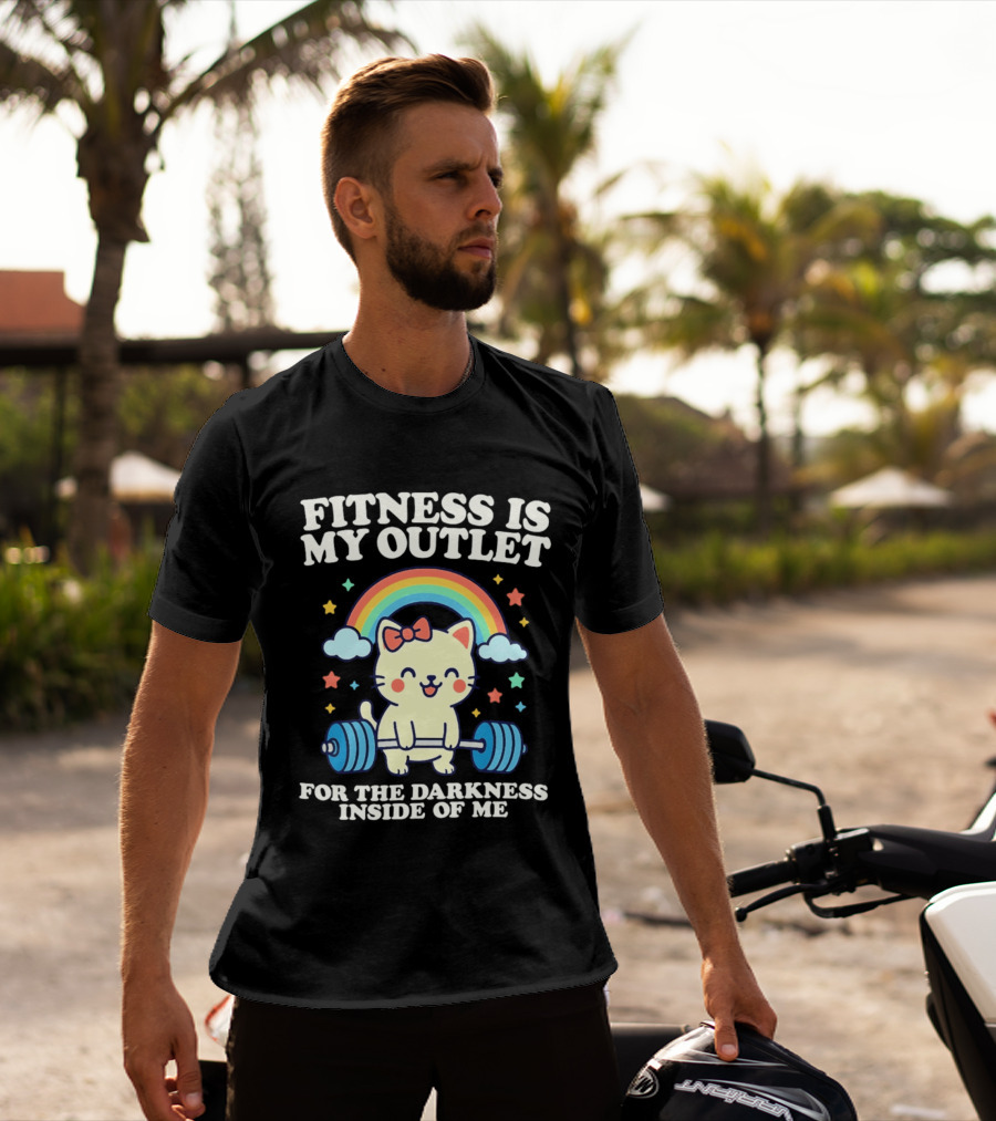 Fitness Is My Outlet For The Darkness Inside Of Me Cute Cat Weightlifting Rainbow T-Shirt